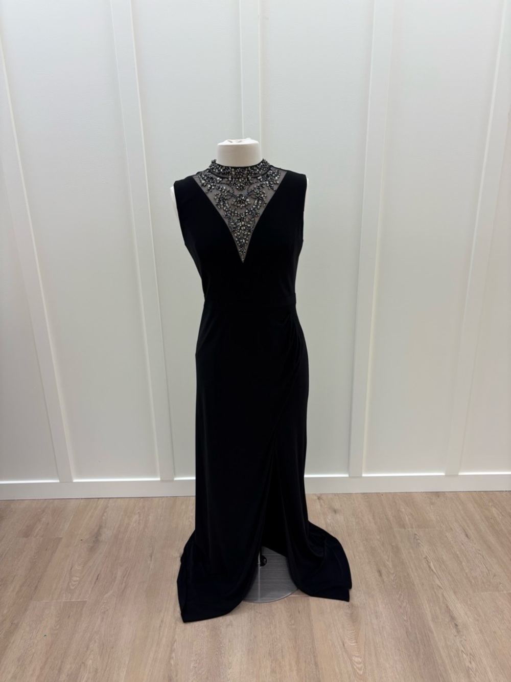 Adrianna Papell Black Beaded High-Neck Maxi Gown